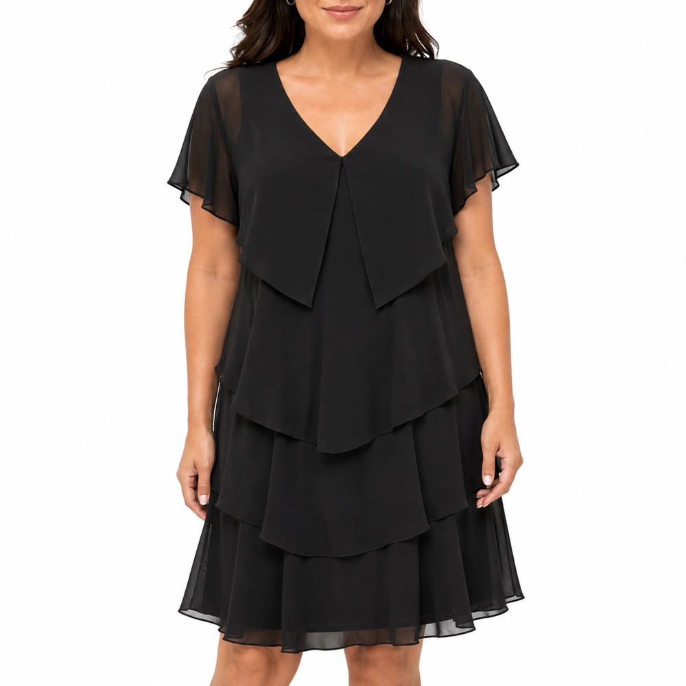 SLNY SL Fashions Black Chiffon Layered Tiered Short Sleeve V-Neck Dress sz 8